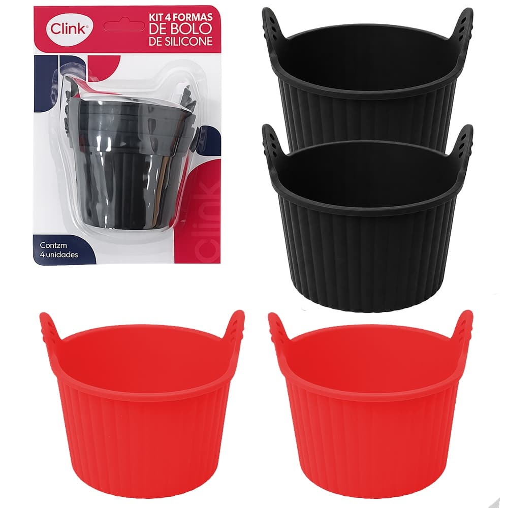 FORMA DE SILICONE REDONDA COM ALCA PARA BOLO CUPCAKE COM 4 PECAS
