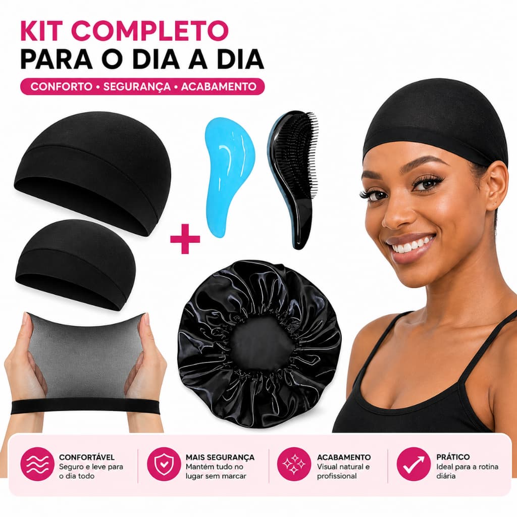 Kit Day After touca de Cetim 2 Touca Nero wig cap Escova Magica