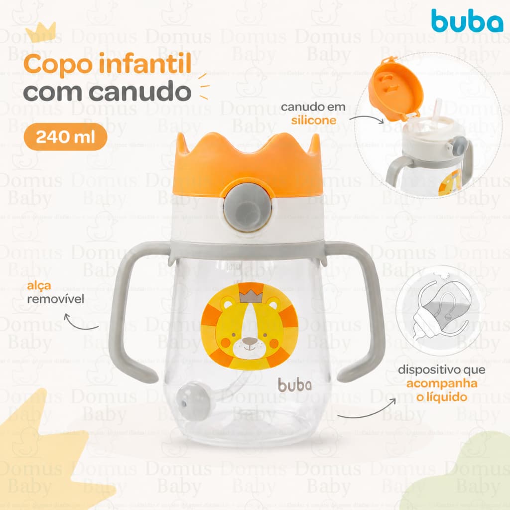 Copo Infantil Buba 240ml com Canudo, Alça Removível e Tampa Giratória