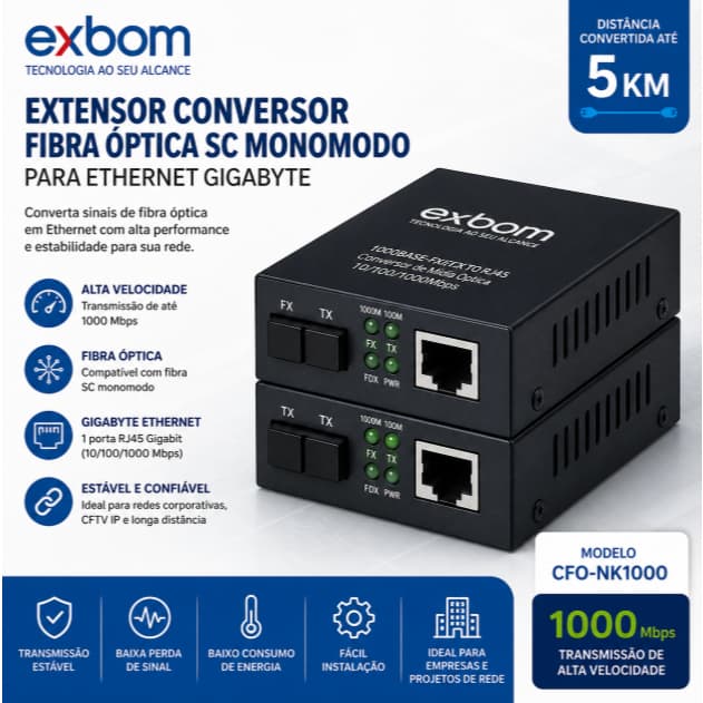 Conversor de Fibra para Rede RJ45 Exbom CFO-NK1000 – Leve Internet a 5km de Distância