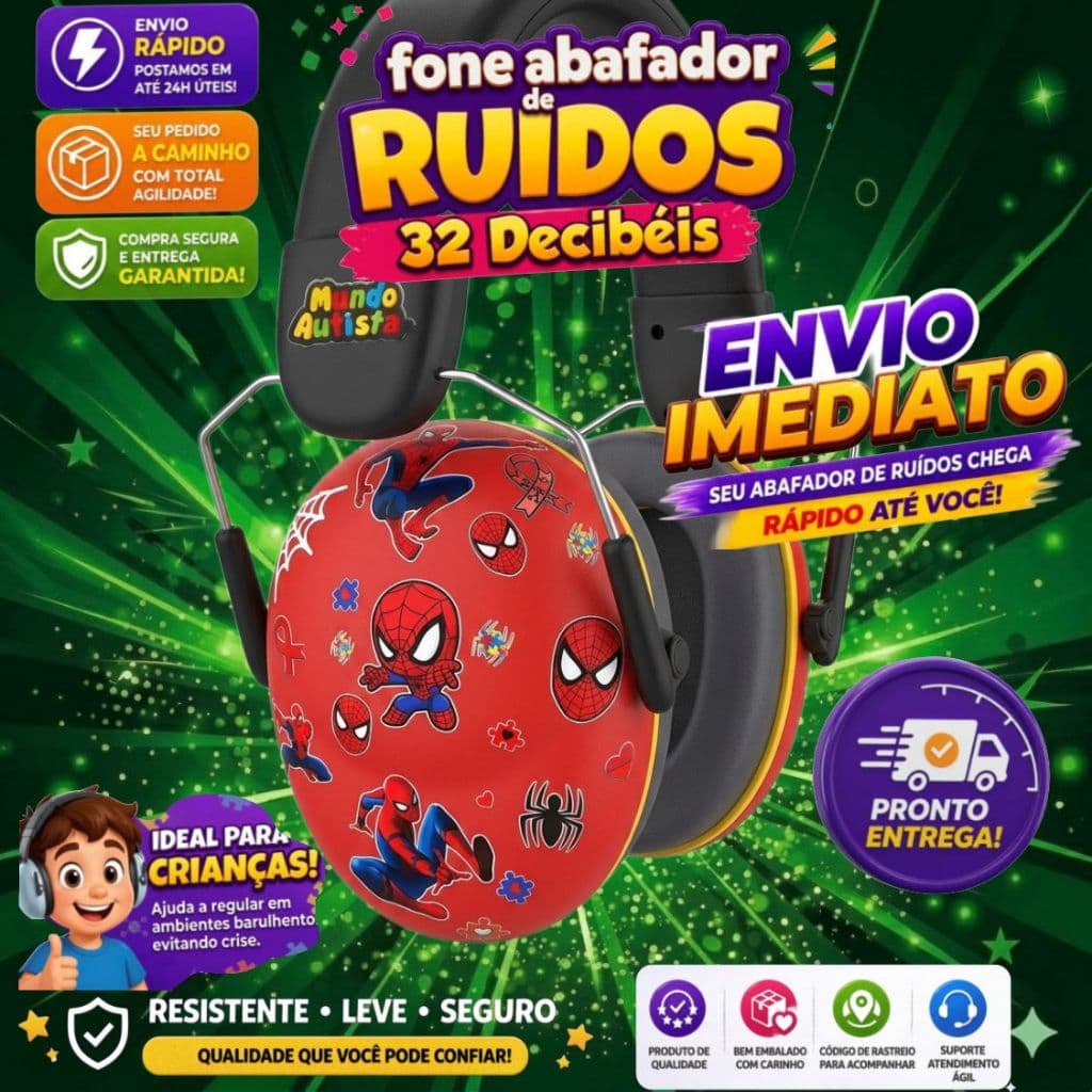 Abafador Homem Aranha 32  DB Autismo Fone Protetor de Som Ouvido Auricular Ruido Super Confortavel Tdah Tea Autista pcd