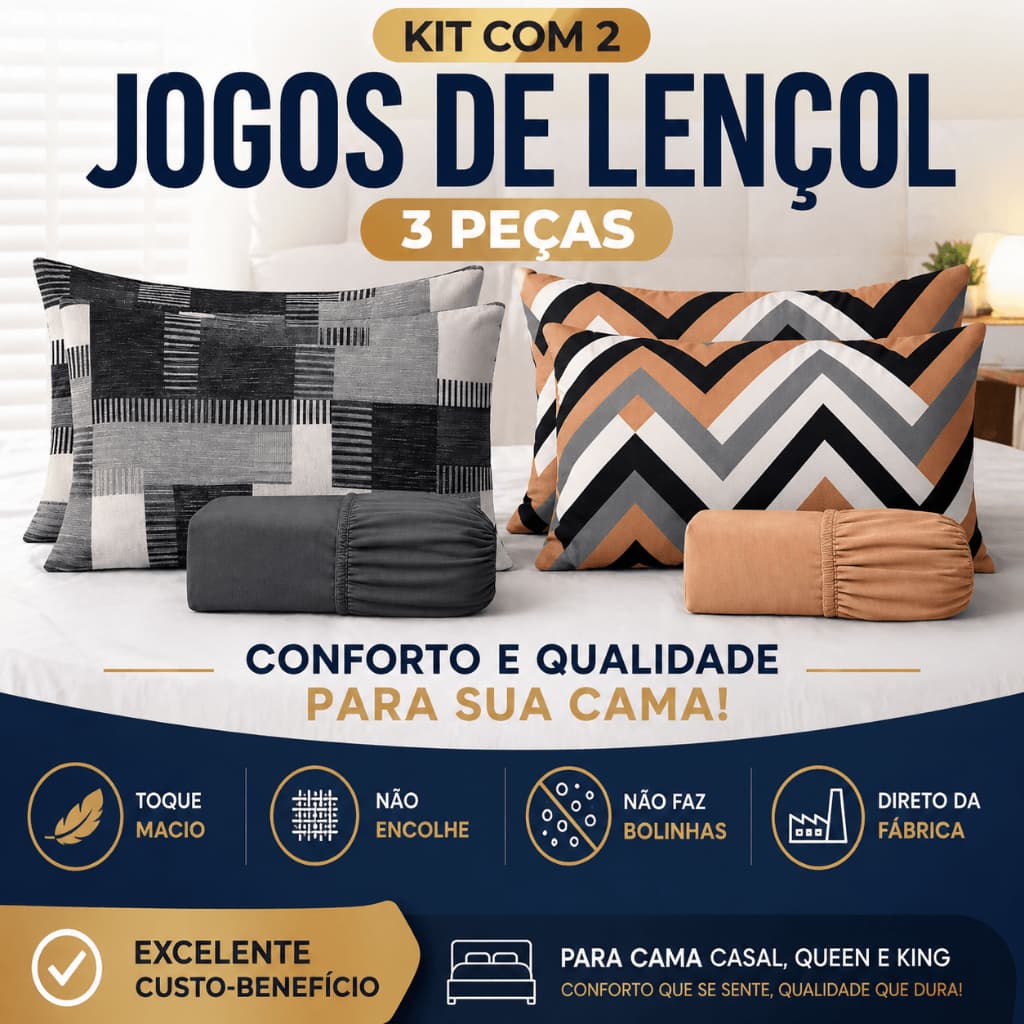 Kit 2 Jogos De Lençol Cama Queen Size 3 Peças Malha Premium