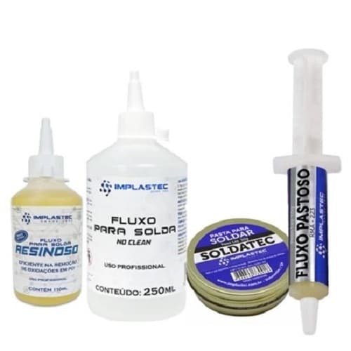 Kit soldagem Fluxo de solda liquido No Clean 250ml + Resinoso Liquido 110ml + Pasta solda Soldatec 50g + Fluxo Pastoso