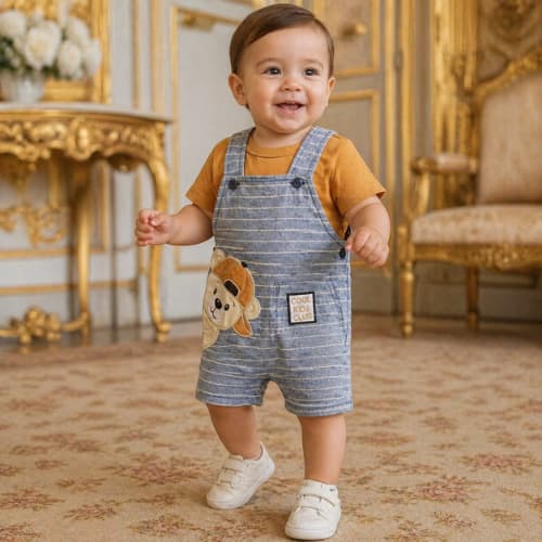 Macacão de Bebê Menino - Jardineira Bordado Urso + Blusa Lisa - Brokinha REF 4492