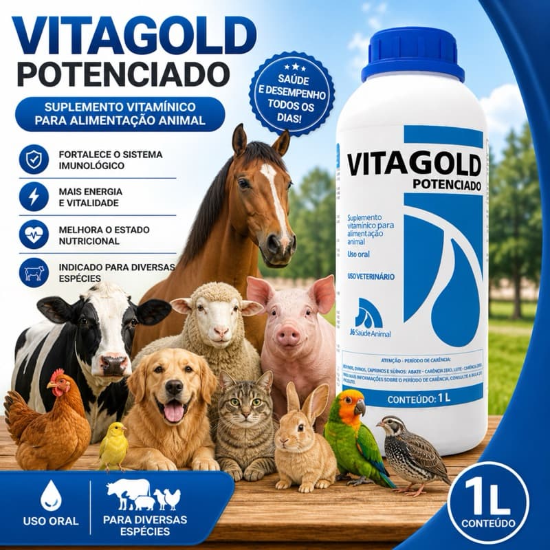 Vitagold Potenciado 1L Suplemento Vitamínico Animal Bovinos Equinos Aves Cães Gatos