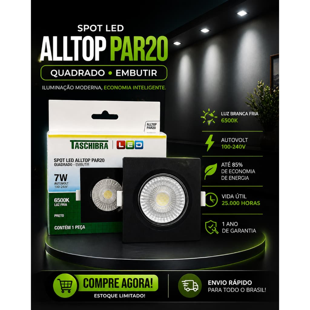 Lampada Bivolt Spot 7w Quadrado De Embutir Preto Luz Branca