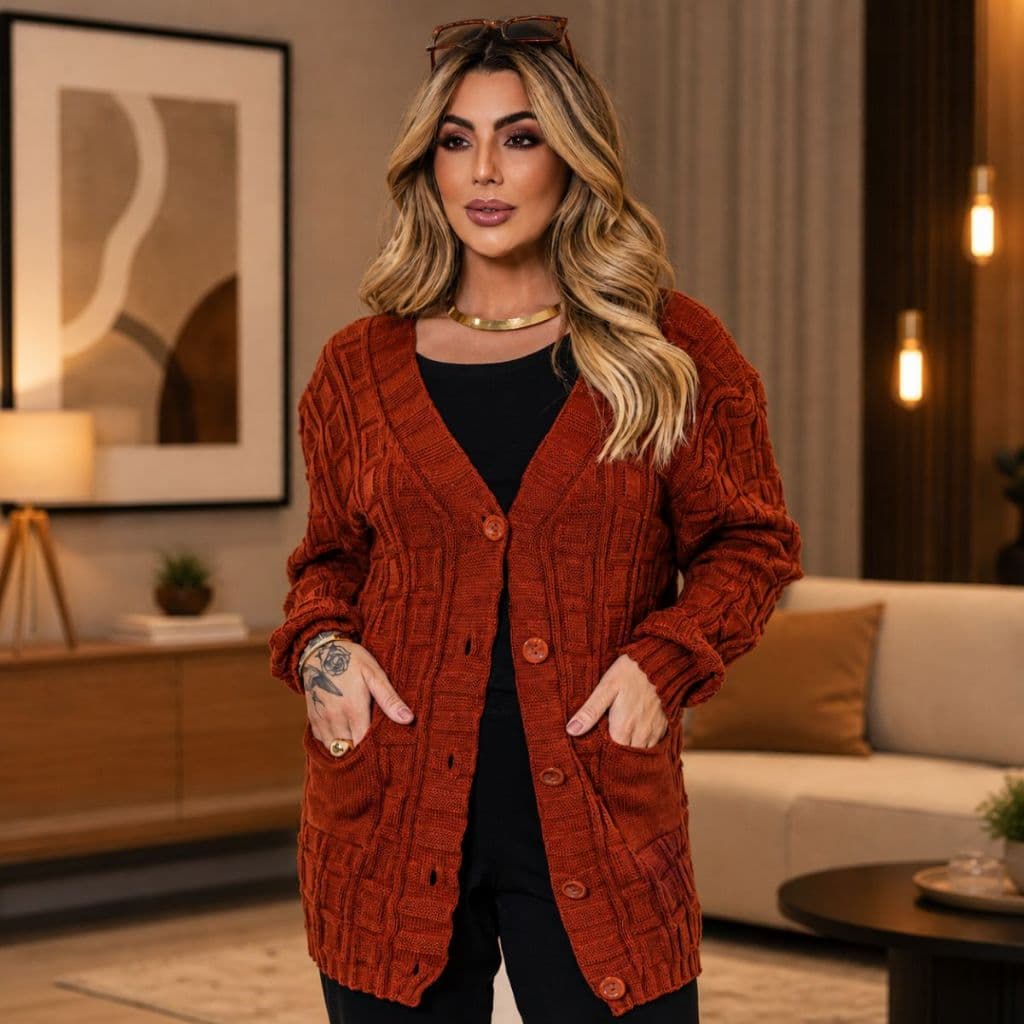 Casaco Feminino em Tricot de Lã Aberto Quadriculado Bolsos e Botões Quentinho Moda Inverno Elegante