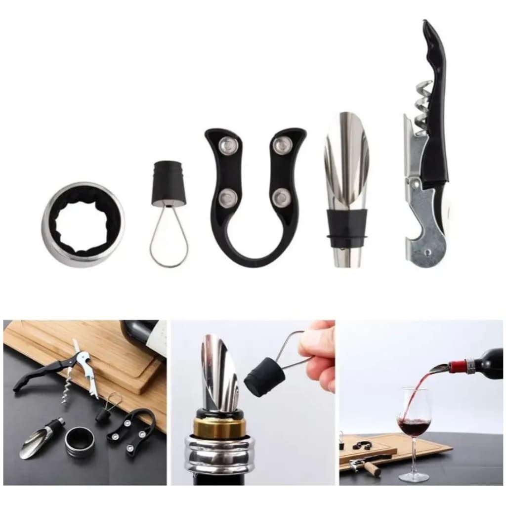 Kit Com 5 Peças Abridor De Vinho Inox Saca Rolhas Acessórios