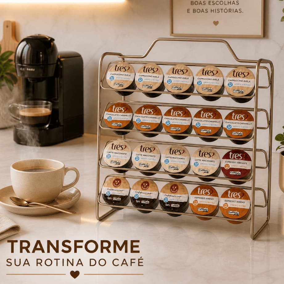Suporte Porta 40 Cápsulas de Café Três Corações Reforçado Organizador Suporte Bancada Dourado