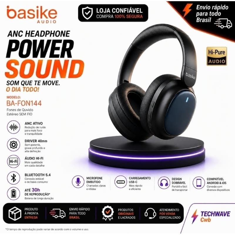Fone Bluetooth Basike BA-FON144 ANC Headphone Sem Fio Bluetooth 5.4 Dobrável Hi-Fi Com Microfone