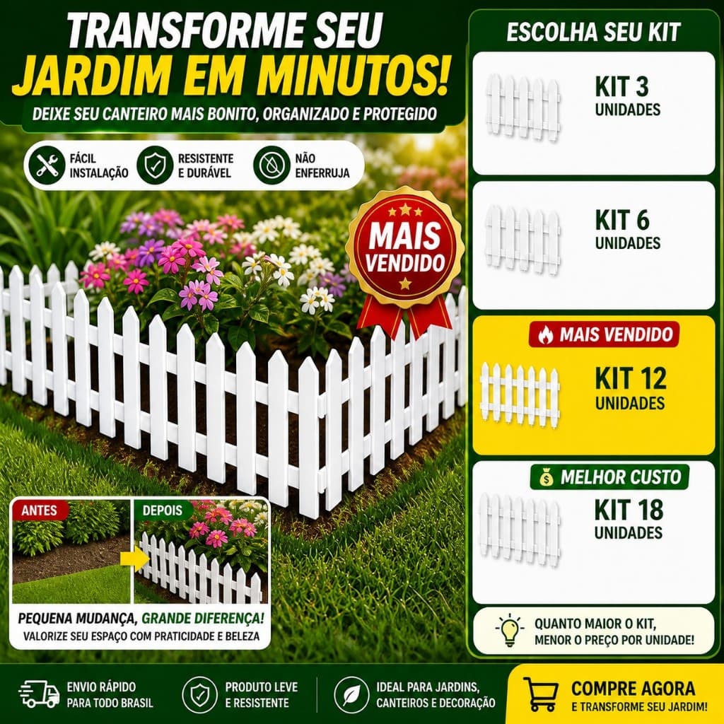 Kit Cerca Plástica Jardim Decorativa Resistente Fácil Instalação Canteiro Casas (3, 6, 12 ou 18 Un)