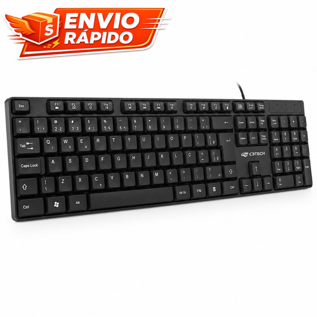 Teclado USB para Computador Notebook com fio Preto Qwerty Office Abnt2 Plug And Play com Numérico