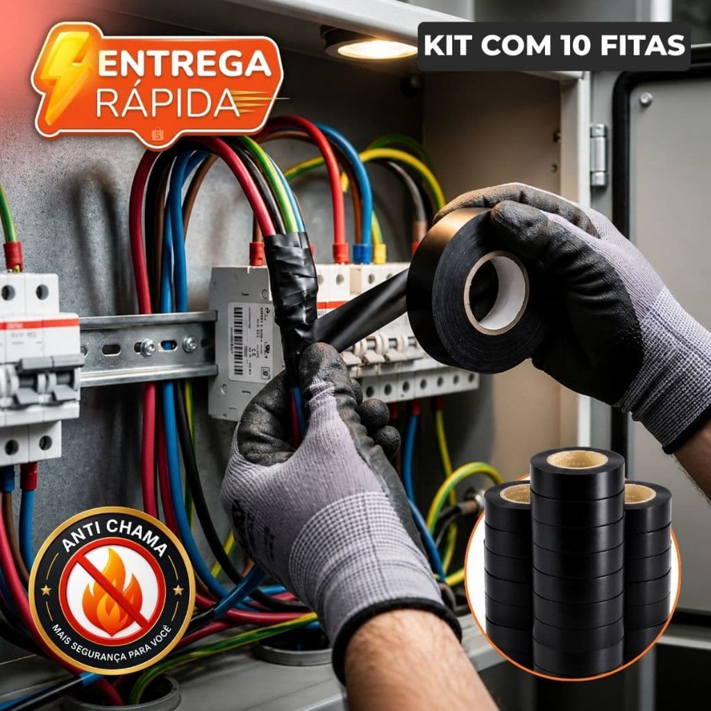Kit Fita Isolante Antichama Preta 18mm X 5M Alta Resistência Elétrica Fios Cabos Uso Profissional