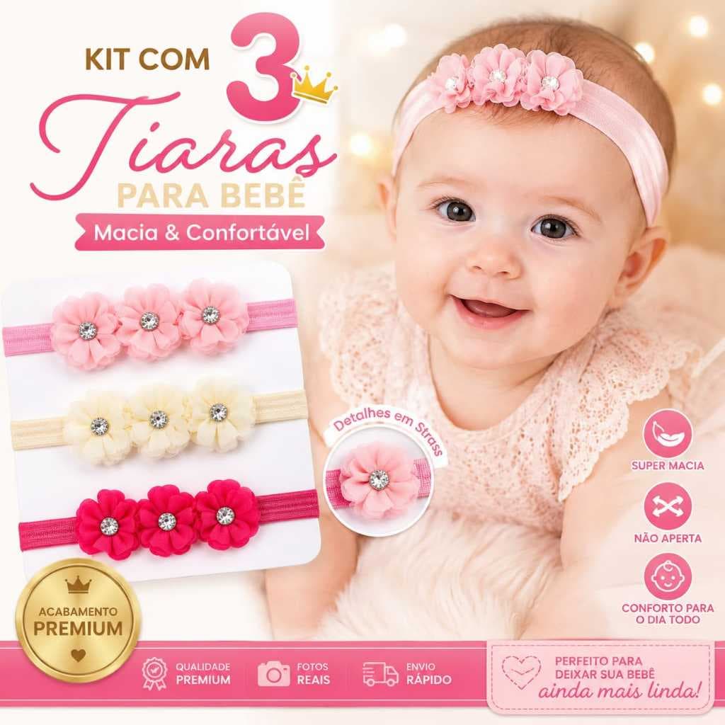 Kit 3 Tiaras Bebê infantil Menina Faixa de Cabelo com Strass Macia Delicada Cores Variadas confortáv