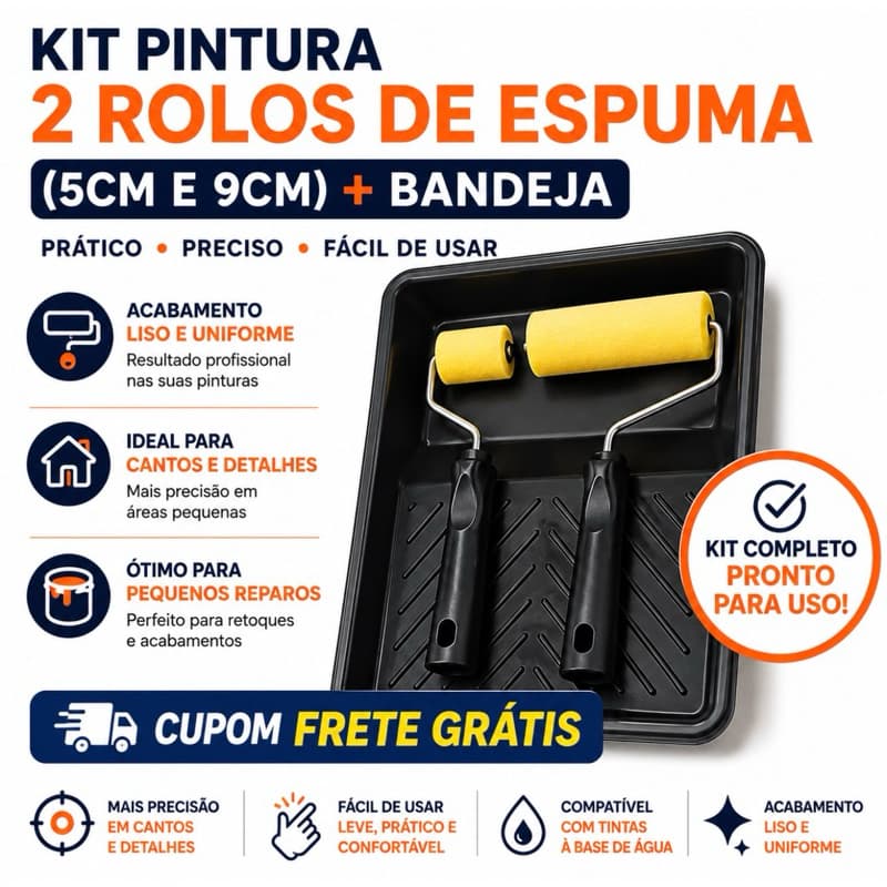 Rolo de Espuma 5cm + 9cm com Bandeja – Kit Completo para Pintura Residencial e Artesanato