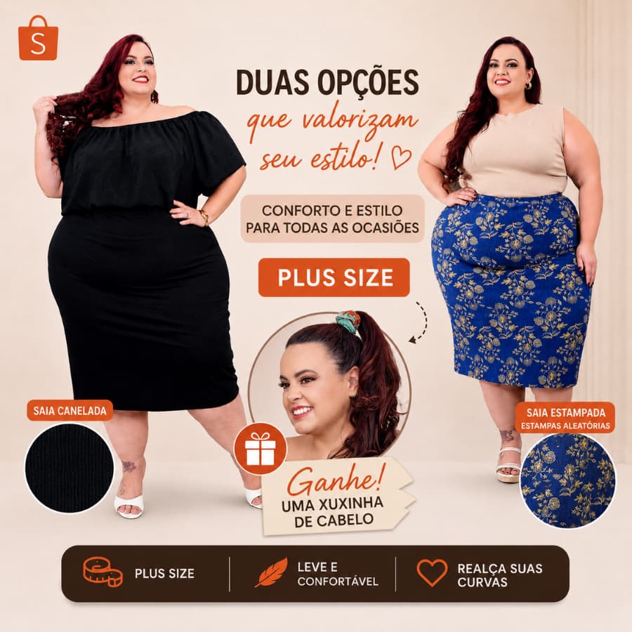 Saia Liganete Feminino Midi Justa Plus Size Estampada e Lisa