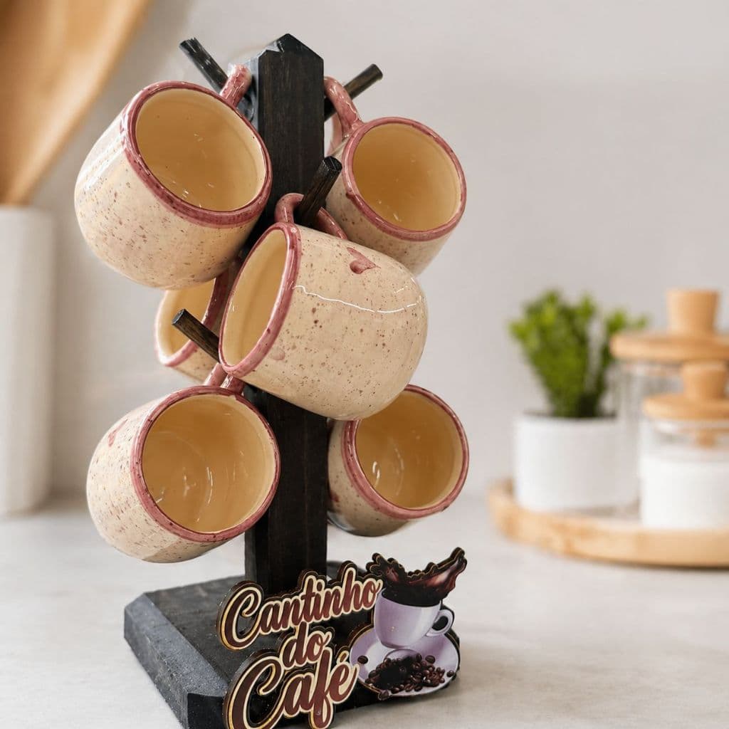 Suporte De Caneca Xicara 6 Ganchos Madeira Decoração Cozinha - envio imediato