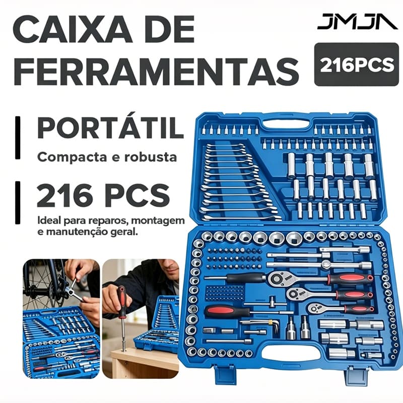 JMJN Kit Ferramentas Profissional 216 Peças com Maleta Soquetes Chave Catraca Oficina