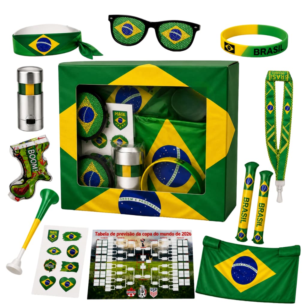 12 Itens Torcedor Copa do Mundo 2026 Brasil Torcida Brasileira Óculos Pulseira Adesivos Bandeira