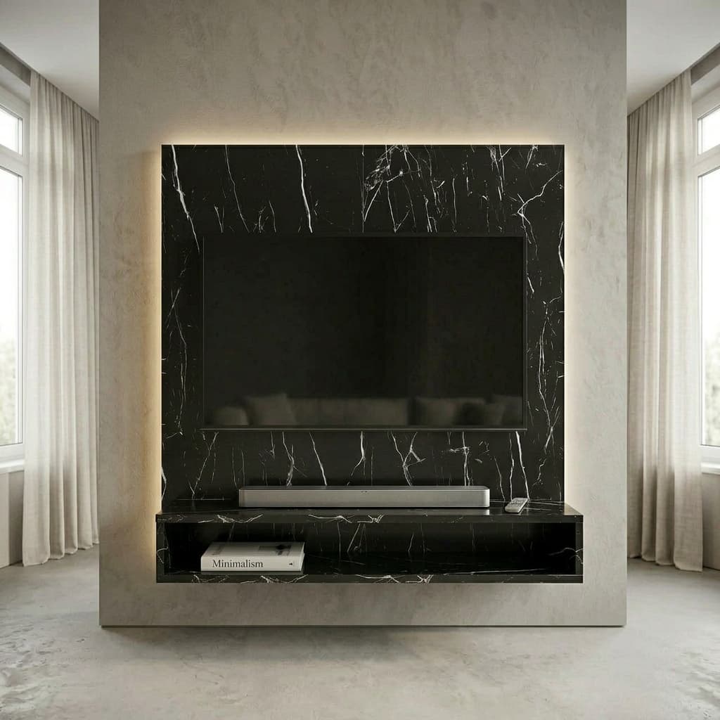 Painel Para Tv Sala/Quarto Até 50 Polegadas Play Marmore Casa Com Prateleiras Nichos PRETO MARMORE