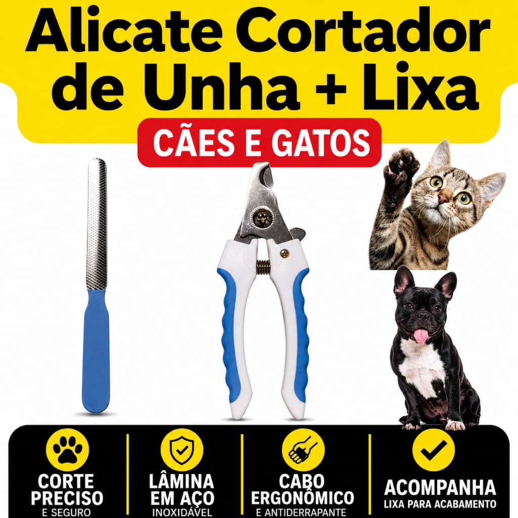 Alicate Cortador de Unha Profissional Para Pet Gato Cachorro + Lixa de Unha