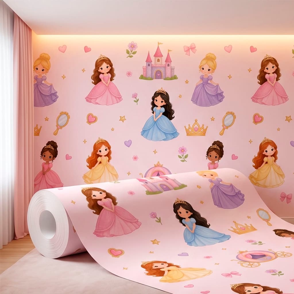 Papel de Parede Adesivo Para Quarto infantil Princesas Rosa Bebê