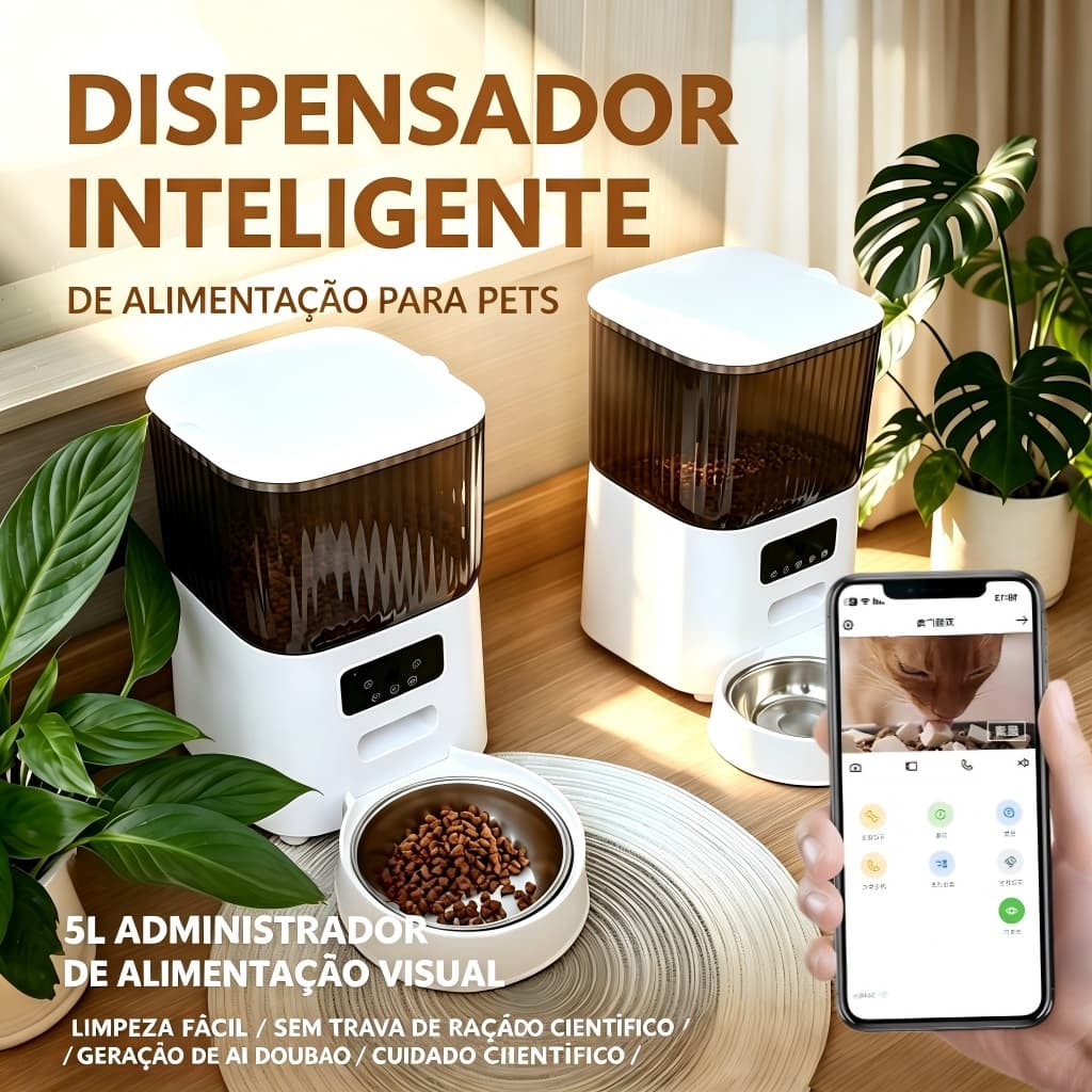 Alimentador Automático para Pets 5L, WiFi, App, Gravação de Voz, Tigela de Aço Inox, 2.4/5G, 30 Dias