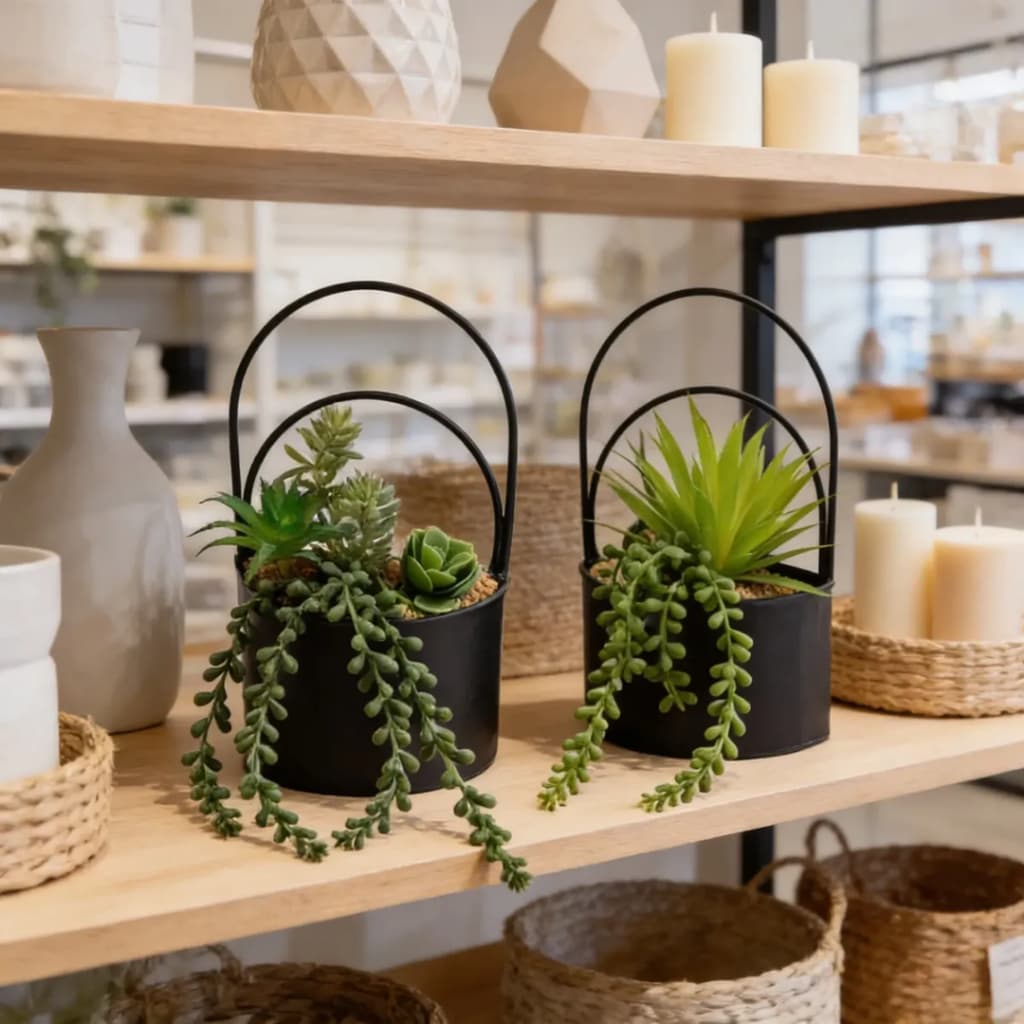 Planta Artificial Decorativa com Suporte de Ferro Vaso em Plástico Moderna Arranjo Decoração