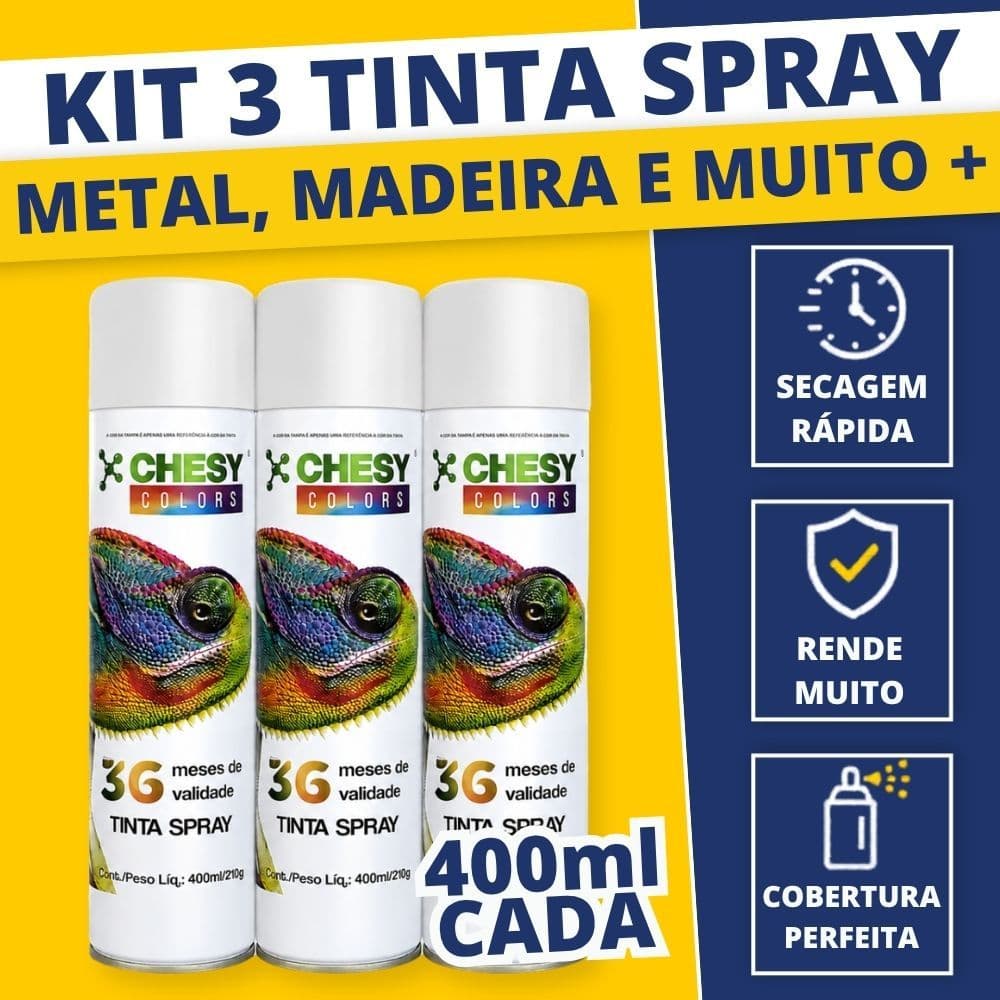 Kit 3 Tinta Spray Uso Geral Tinta Spray Branco Brilhante 400ml Madeira Metal Plástico Seca Rápido
