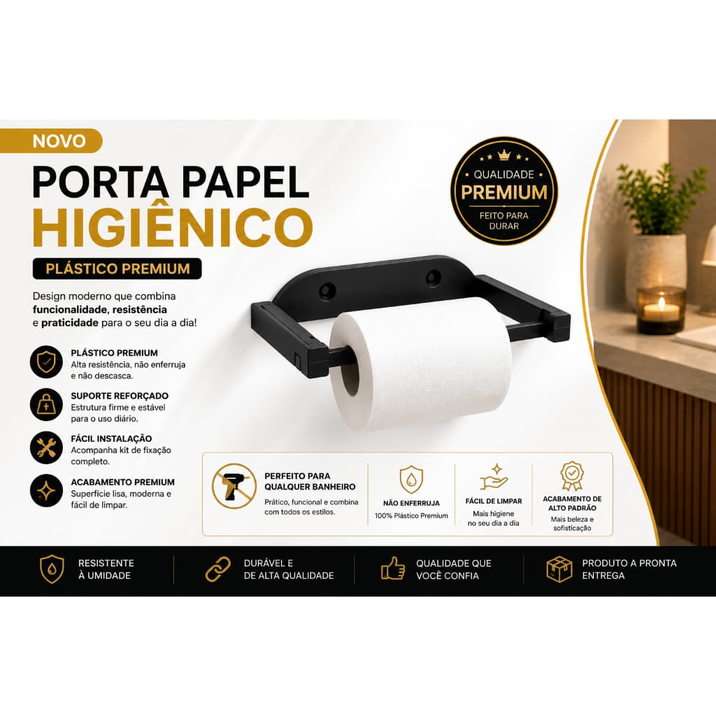 Suporte Porta Papel Higiênico Premium  Banheiro Moderno Resistente Fácil Instalação