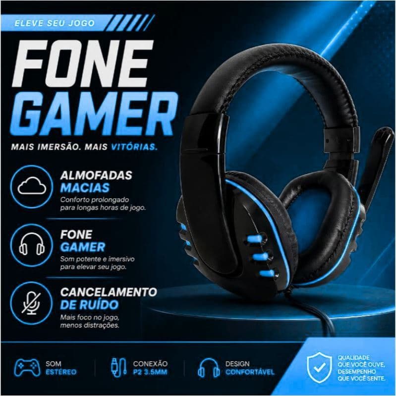 Fone de Ouvido Gamer com Microfone Cancelamento de Ruído P2 3,5mm PC Notebook Celular