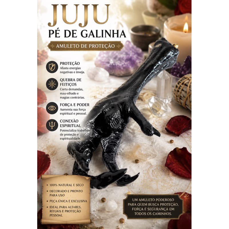 Amuleto JUJU Natural|Decorado|Bruxaria, Wicca,Pé de Galinha Natural Seco |Amuleto Poderoso de Proteção|Defesa Espiritual