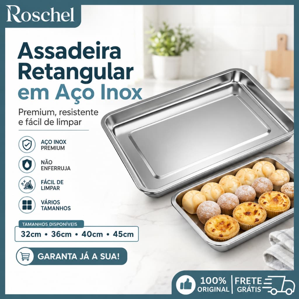 Assadeira Aço Inox Forma Retangular Alumínio para Forno Bolos Assados Cozinha Vários Tamanhos