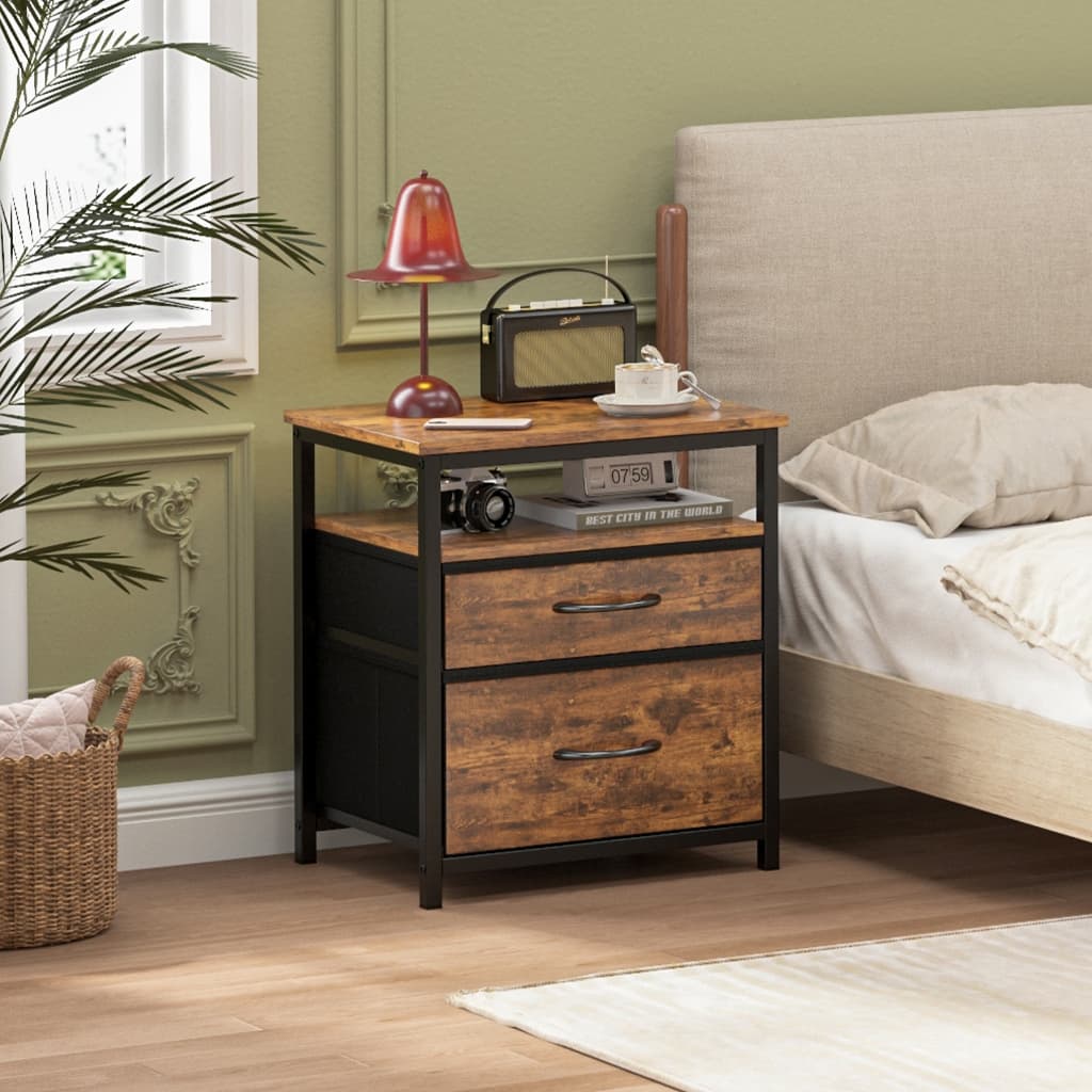 Mesa De Cabeceira Com 2 Gavetas, Mesa Lateral De Cama Com Prateleira Aberta, Tampo De Madeira, Gaveta De Tecido