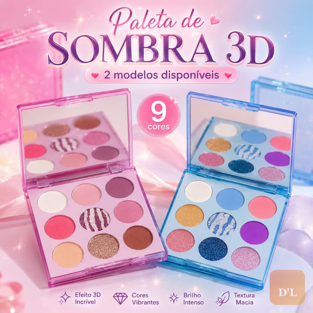 Paleta de Sombra 3D 9 Cores Matte e Brilho com Espelho Rosa Azul Maquiagem para Presente