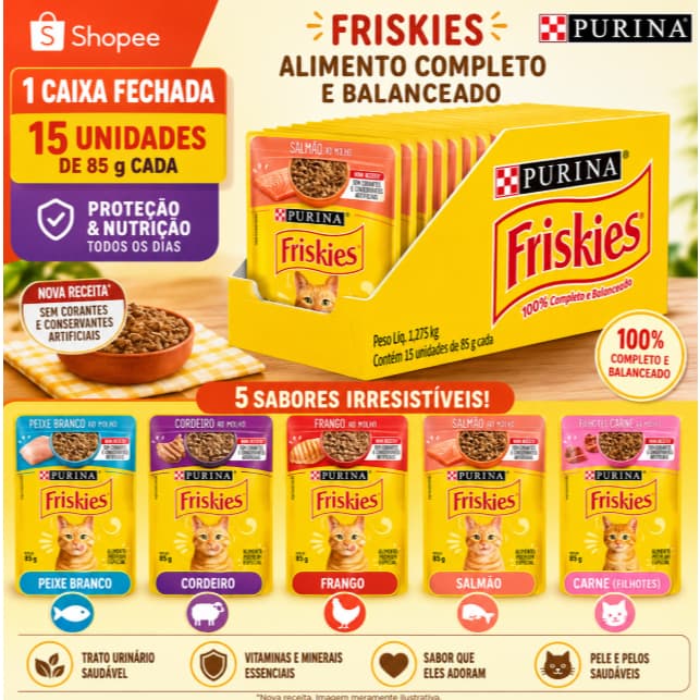 Kit 15 unid Sachê Friskies Alimento Úmido Gatos atum cordeiro frango carne salmão peixe branco peru