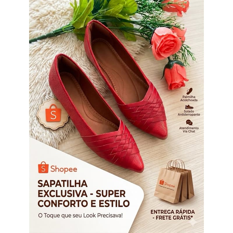 Sapatilha Feminina Bico Fino com Trama Frontal Elegante Confortável Moda