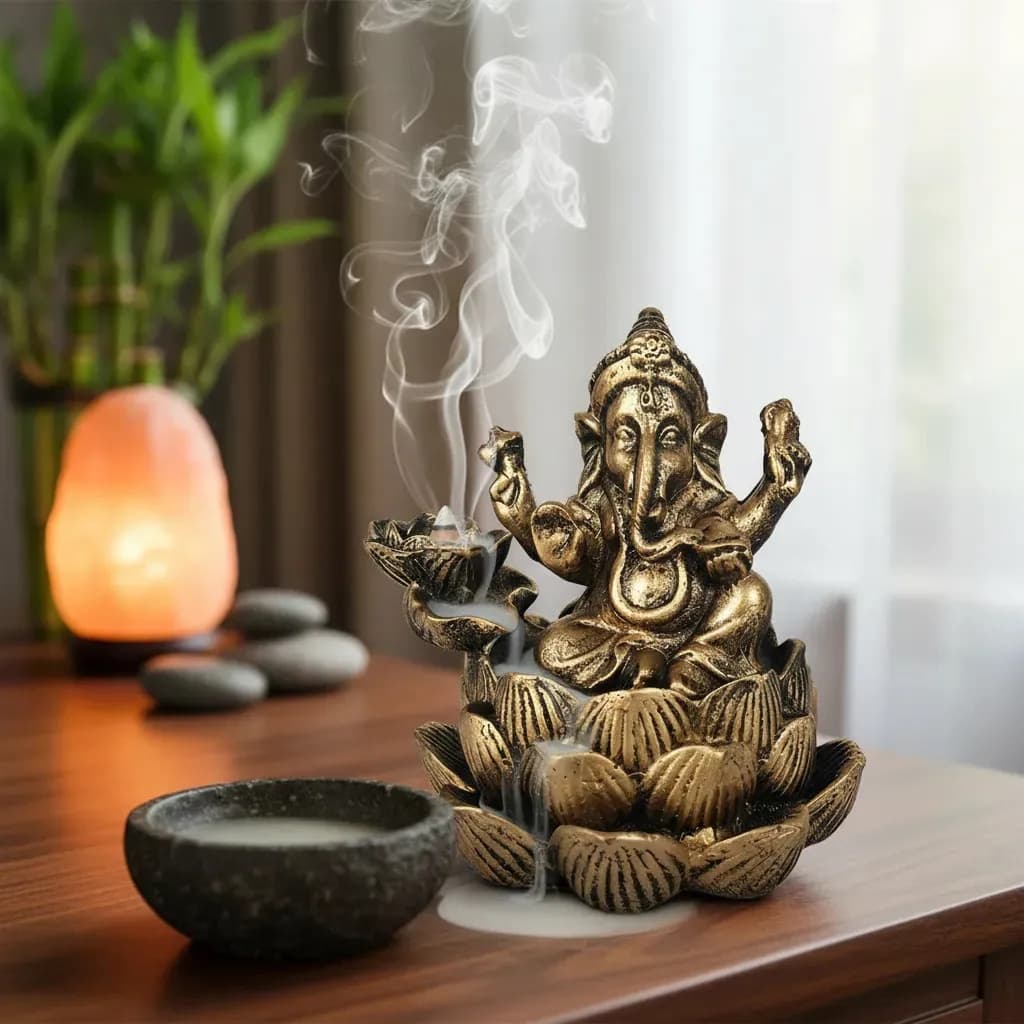 Incensario Cascata Flor De Lotus Ganesha em Resina Dourado