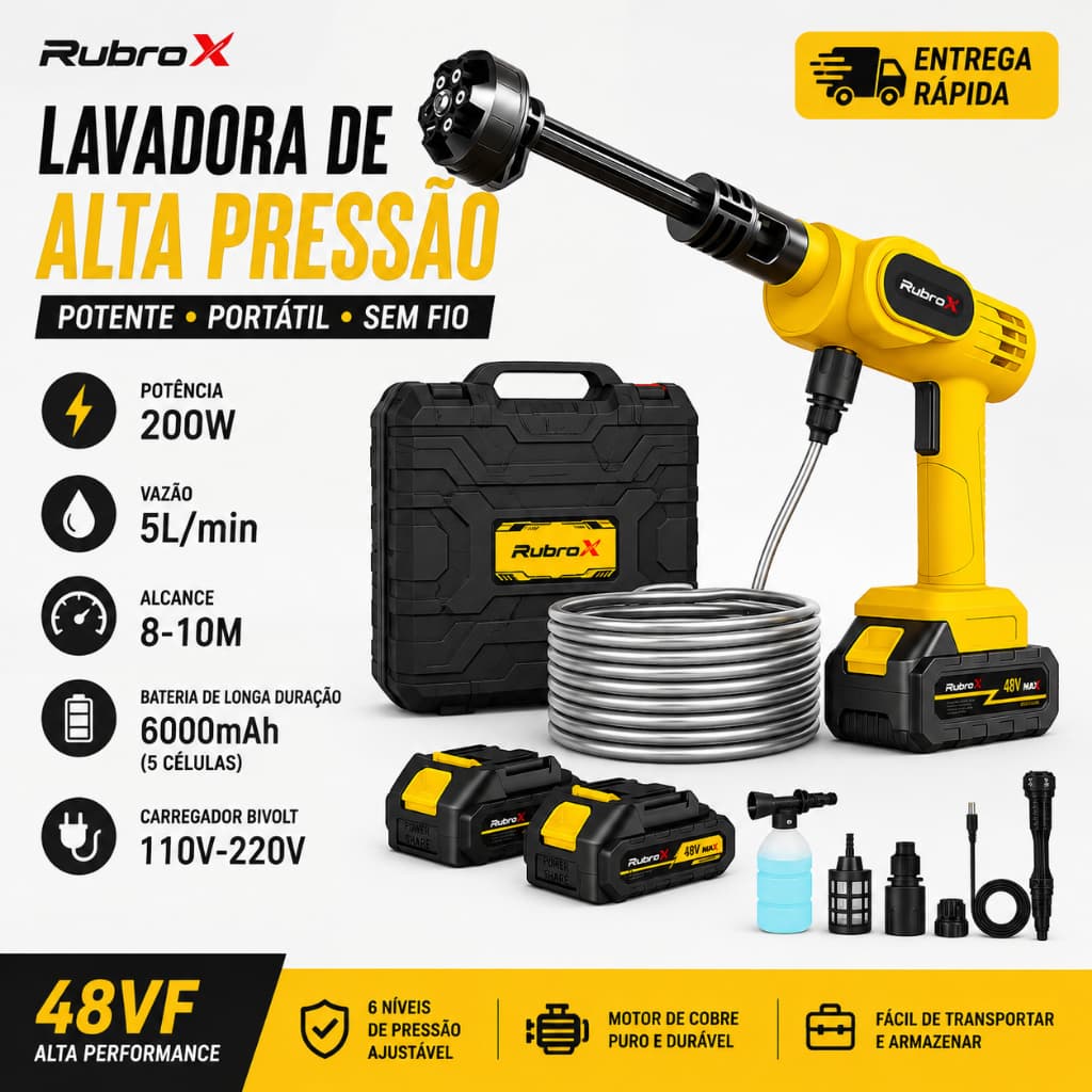 RubroX Lavadora De Alta Pressão Portátil Recarregável 2 Baterias Para Lavagem De Carros Jardim