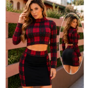 Conjunto Feminino Saia E Cropped Gola Alta Manga Longa Moda Gringa Casual Inverno