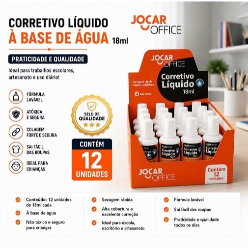 Corretivo Líquido à Base de Água 18ml – Caixa com 12 Unidades Jocar Office Papelaria Escritório.