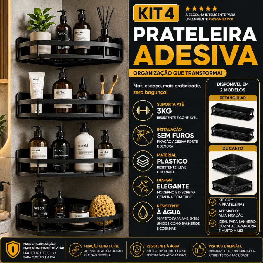 Kit 4 Suportes Porta Shampoo Organizadores ABS Fixação Forte Sem Parafuso