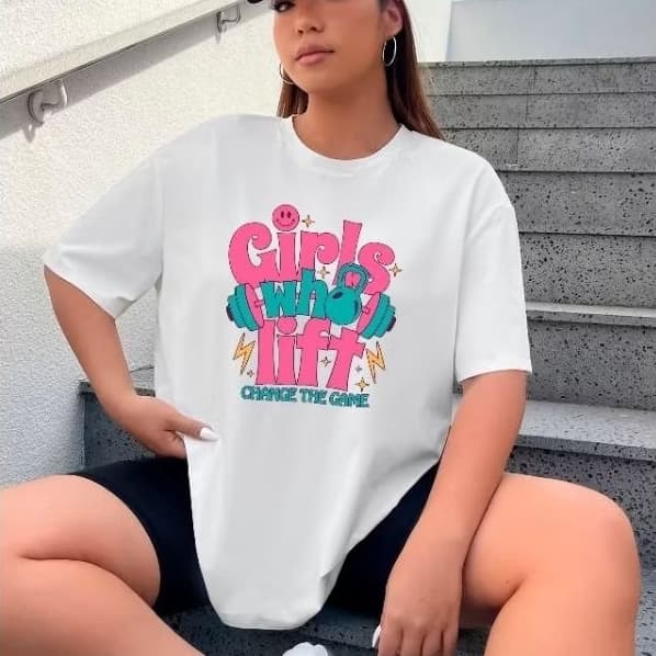 Camisa Camiseta branca feminina Oversized casual perfeita para academia com várias estampas 100% algodã