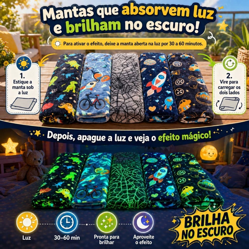 Manta Cobertor Infantil Brilha no Escuro Soft 1,80x2,00  - Estampas variadas para Meninos e Meninas