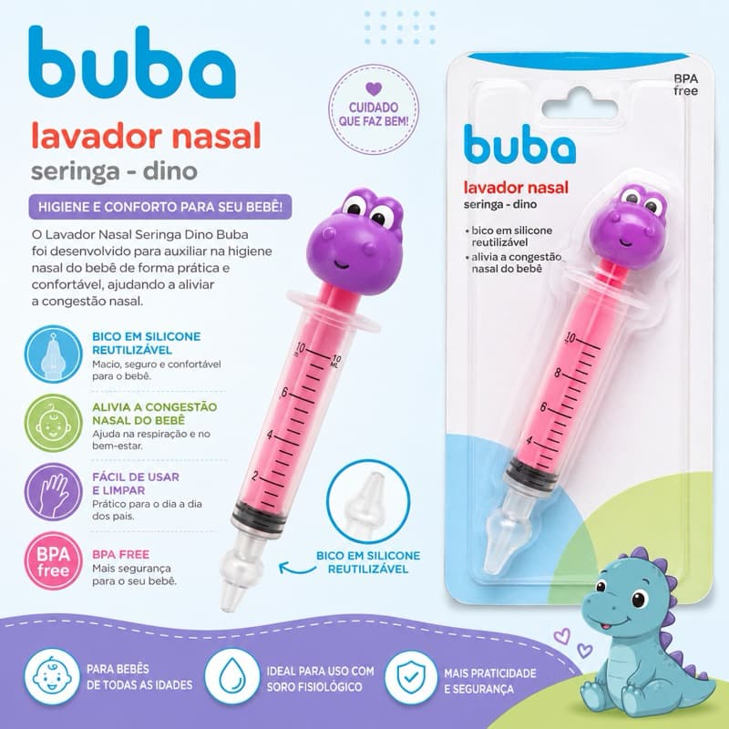 Lavador Nasal Infantil Buba Rosa - Alívio Congestão, Bico Silicone Macio, Dino Divertido