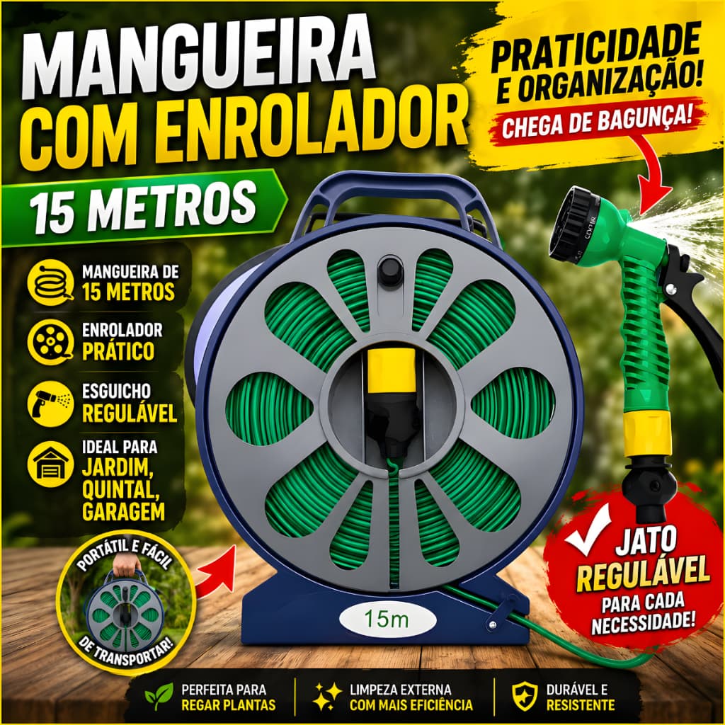 Mangueira Jardim 15m Com Enrolador Esguicho Regulável Portátil