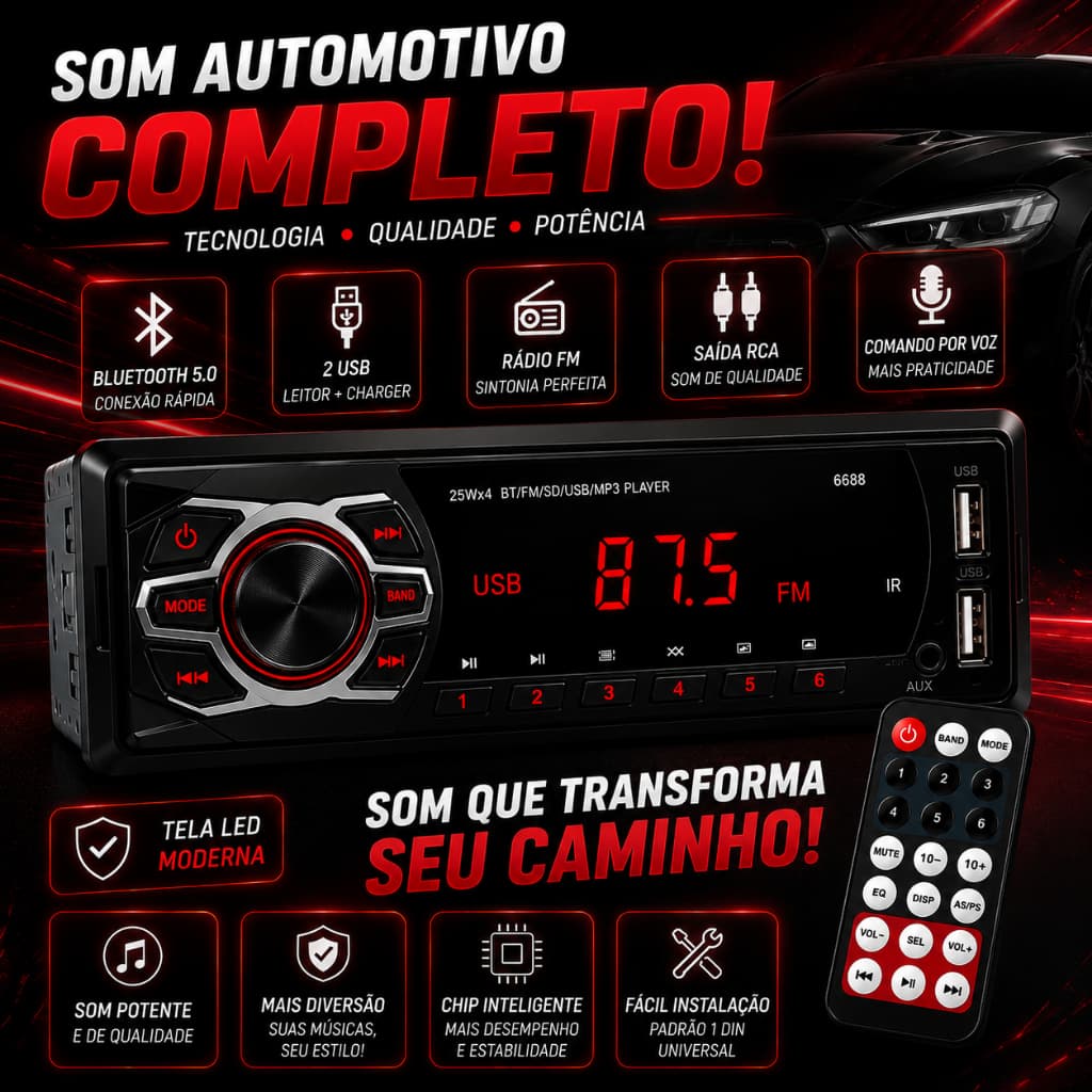 Som Rádio Para Carro Automotivo Com Bluetooth Mp3 2 Usb Universal