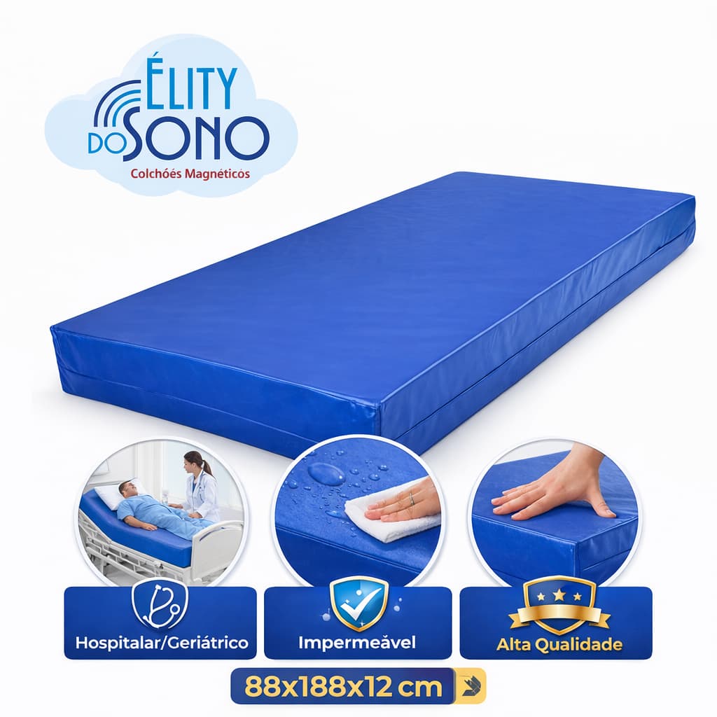 Colchão Solteiro impermeável Hospitalar Geriátrico Espuma Firme 88x188x12 Azul Napa Bagum Corvim Premium Alojamento Chác