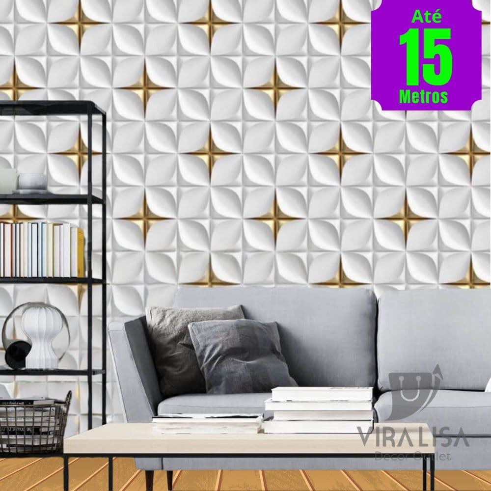 Papel de Parede 3D Cinza Dourado Geometrico Adesivo Autocolante Rolo 5m x 45cm Sala Quarto
