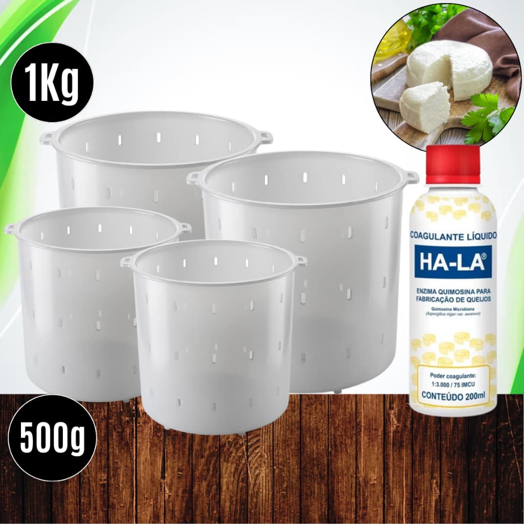 Kits de Queijeiro Coalho HA-LA + Formas 500g e 1kg (especial e reforçadas) p/ queijos Minas Frescal